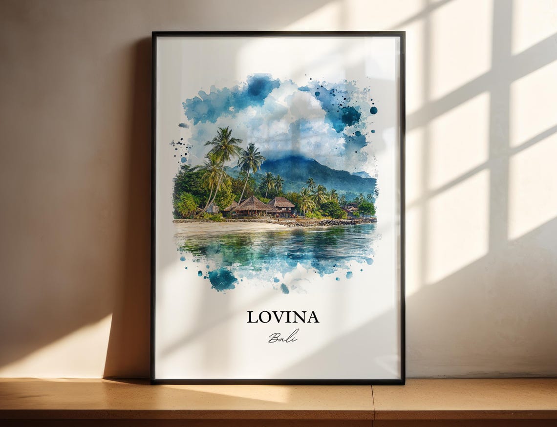 Lovina Bali Watercolor Palm Beach Mountain Bay Sunset Poster