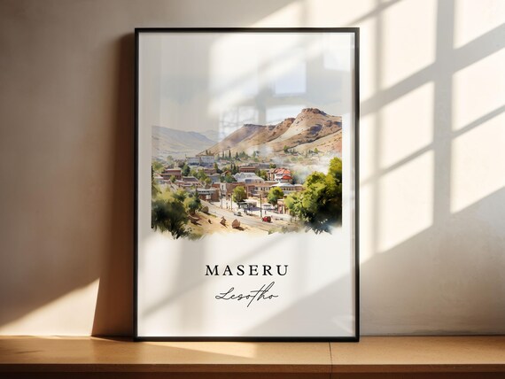 Maseru Lesotho Mountain Valley Town Watercolor Travel Poster