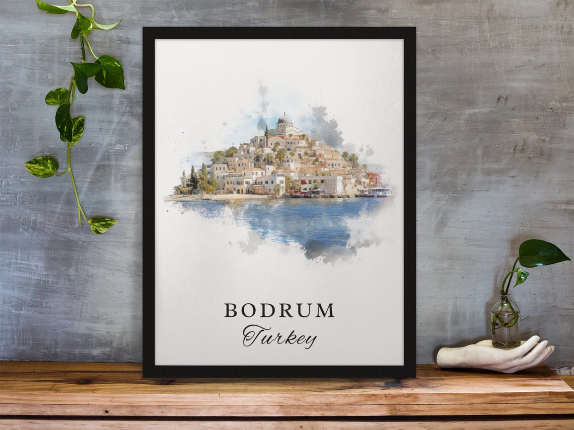 Bodrum Turkey White Hillside Town Harbor Watercolor Travel Poster