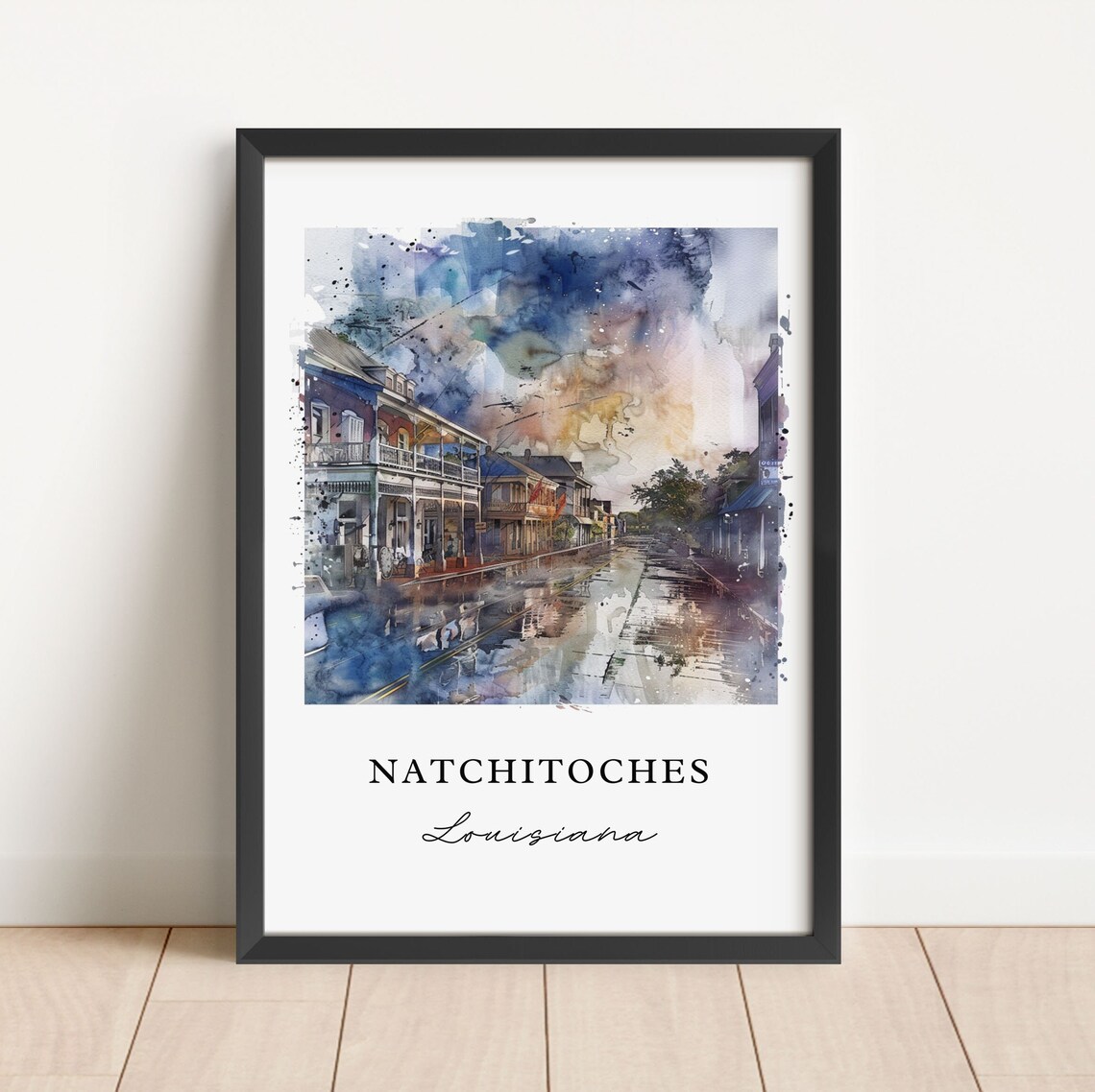 Natchitoches Louisiana Watercolor Rainy Historic Street Scene Poster