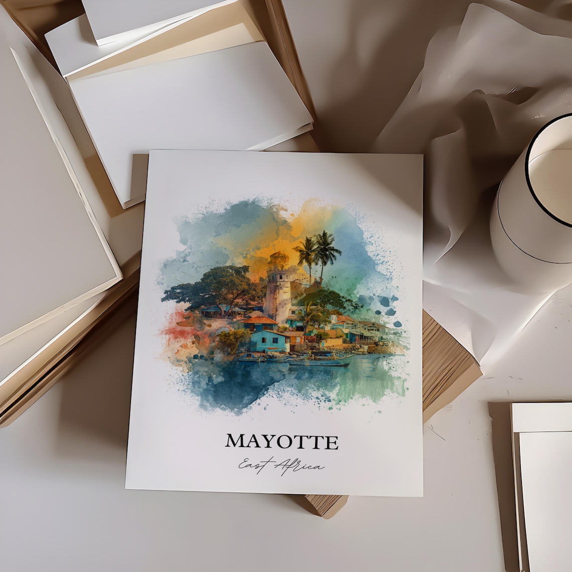 Mayotte East Africa Harbor Village Lighthouse Watercolor Poster - Image 4