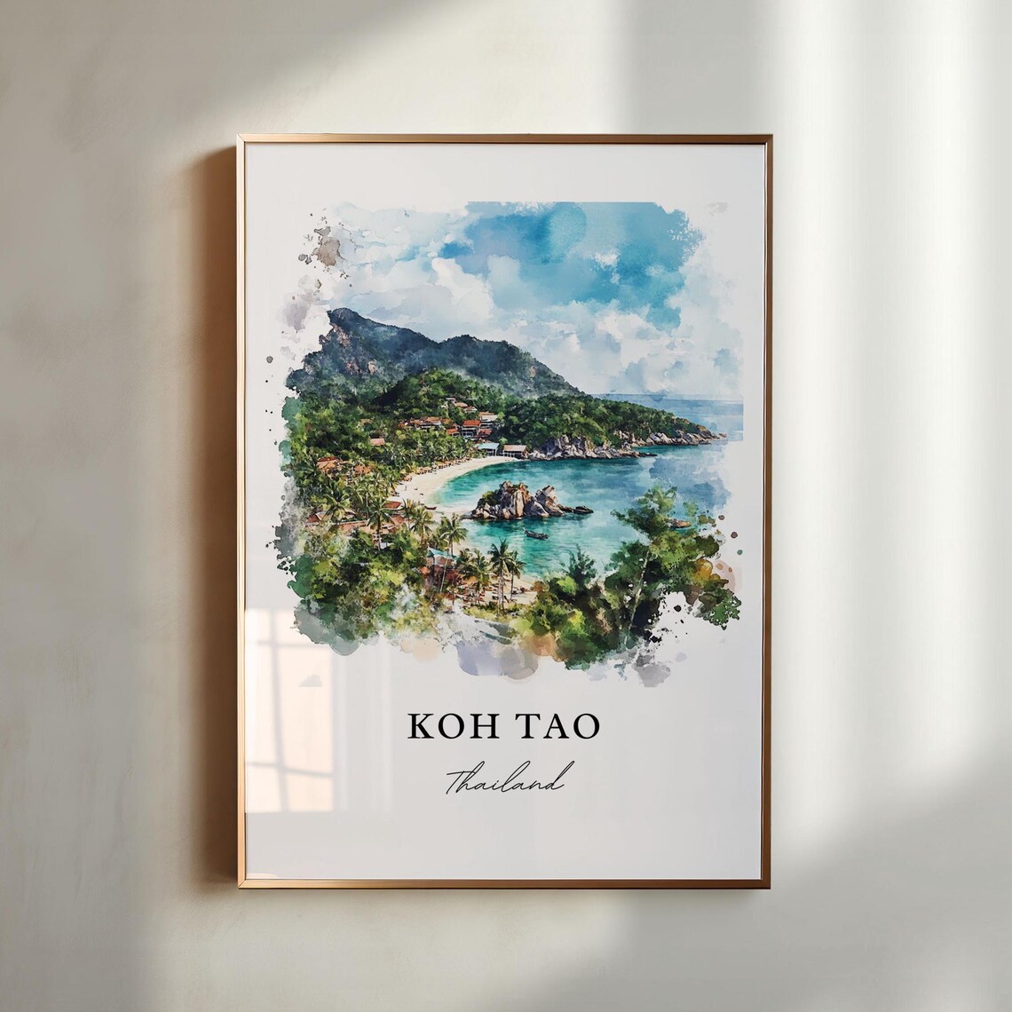 Koh Tao Thailand Turquoise Bay Palm Beach Watercolor Travel Poster