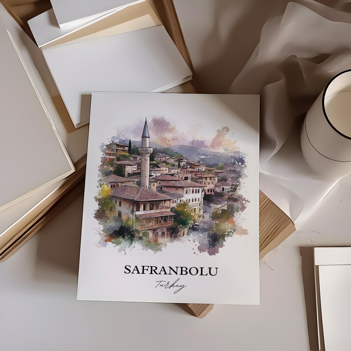Safranbolu Turkey Watercolor Ottoman Houses Minaret Travel Poster - Image 4