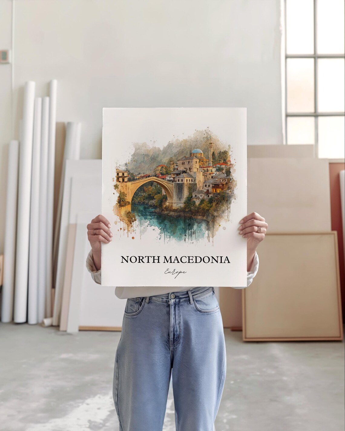 North Macedonia Europe Old Stone Bridge Watercolor Travel Poster - Image 5