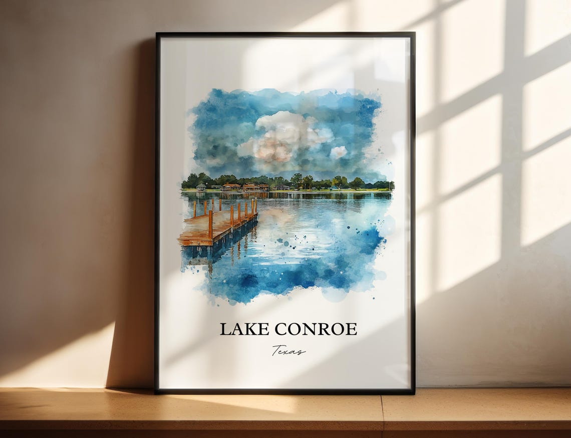 Lake Conroe Texas Scenic Wooden Dock Watercolor Lakeside Poster