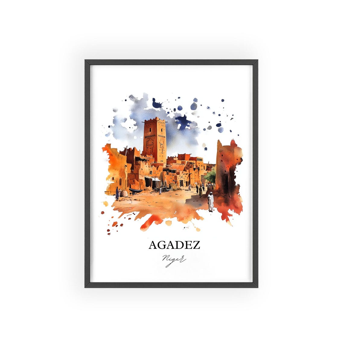 Agadez Niger Watercolor Desert Oasis Town Minaret Travel Poster - Image 3