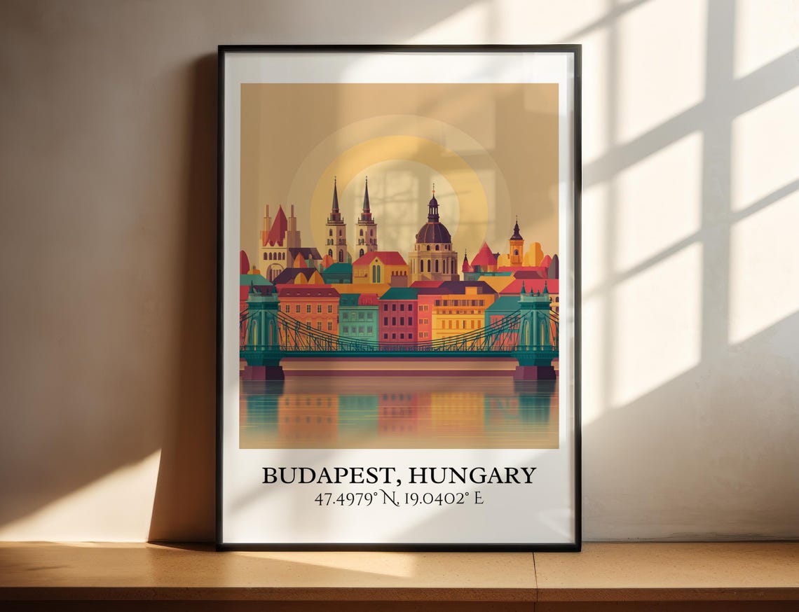 Budapest Hungary Warm Sunset Skyline Flat Illustration Poster