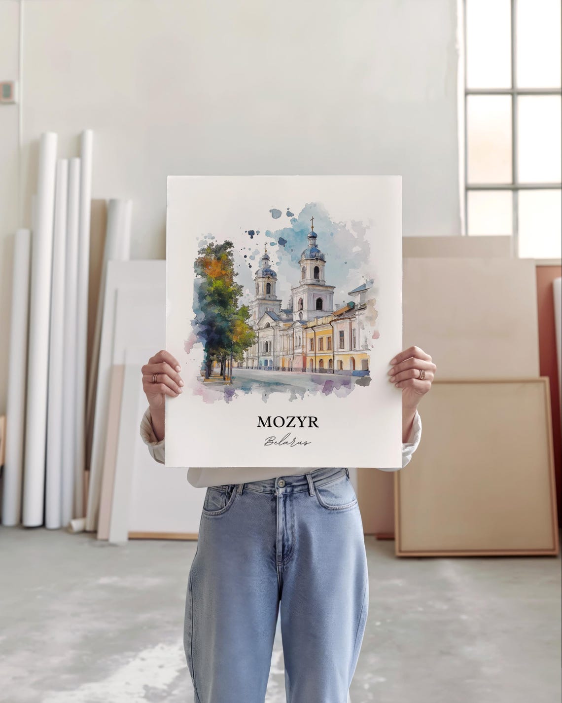 Mozyr Belarus Domed Church Over the Old Town Watercolor Poster - Image 3