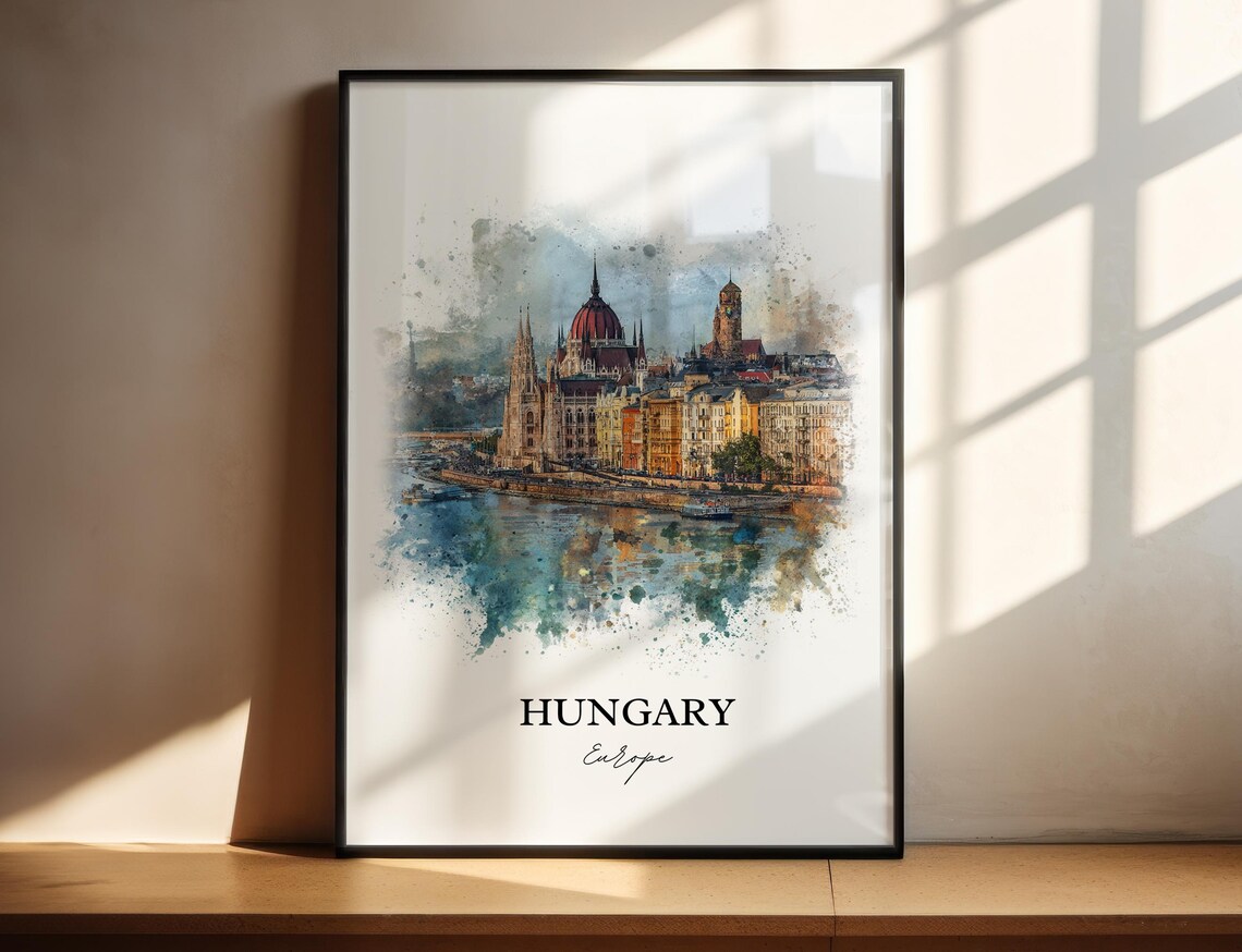 Hungary Budapest Parliament Danube Watercolor Europe Travel Poster