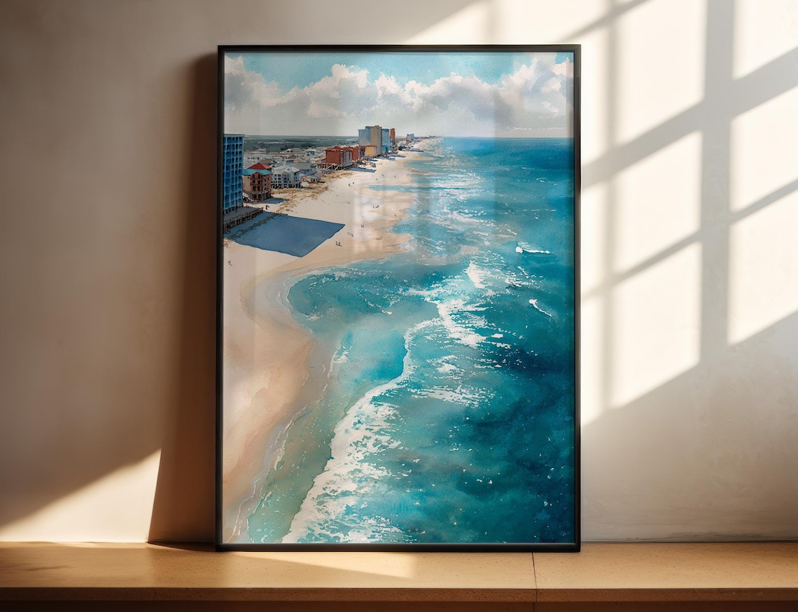 Gulf Shores Alabama Beach Aerial Watercolor Poster Turquoise Waves