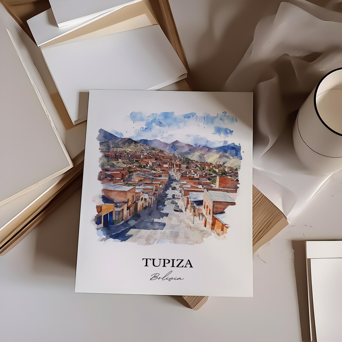 Tupiza Bolivia Watercolor Red Brick Mountain Town Street Travel Poster - Image 3