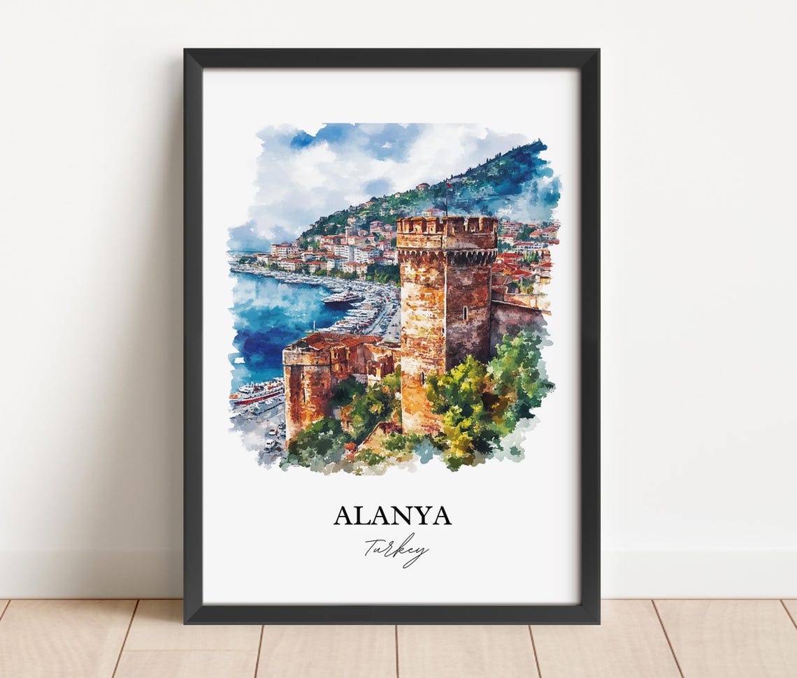 Alanya Turkey Watercolor Red Tower Castle Harbor Travel Poster - Image 4