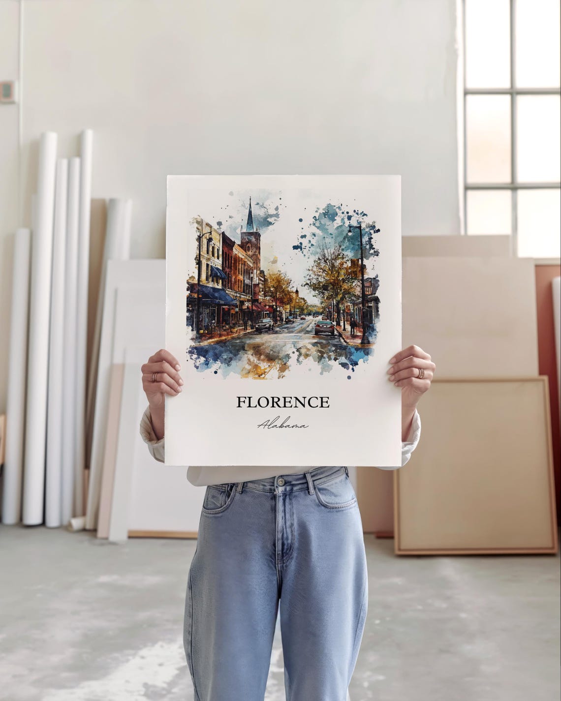 Florence Alabama Downtown Streetscape Church Steeple Watercolor Poster - Image 4