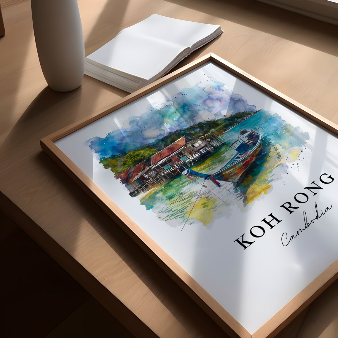 Koh Rong Cambodia Watercolor Stilt Houses Island Boat Art Poster - Image 6