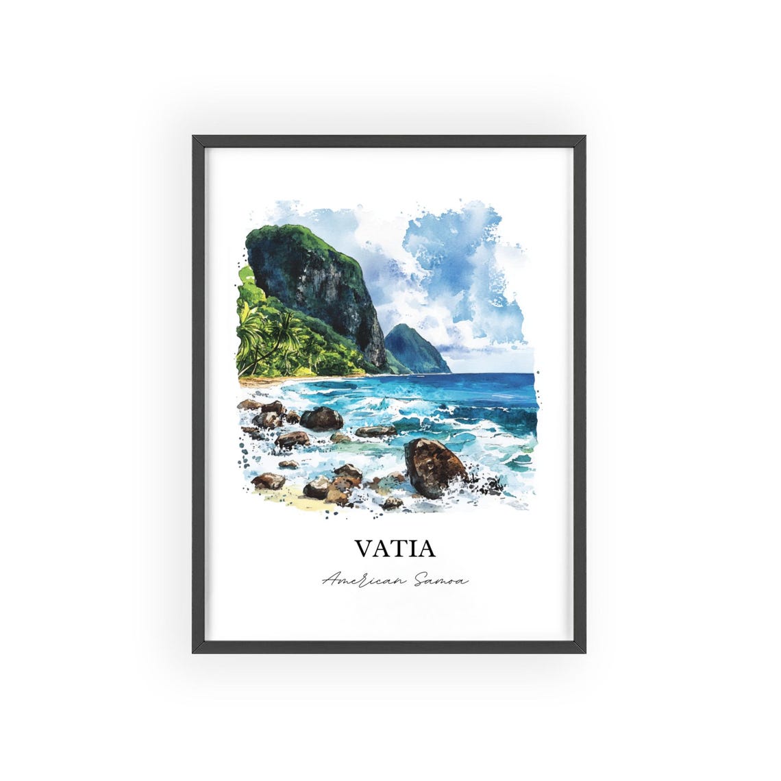 Vatia American Samoa Rocky Shoreline Sea Cliffs Watercolor Poster - Image 2