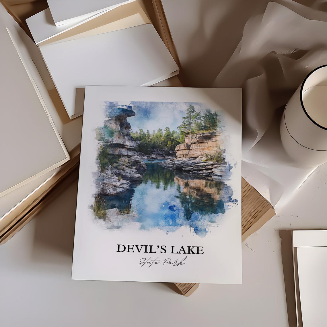 Devil's Lake State Park Watercolor Rocky Cove Cliffs Pine Trees Poster - Image 3
