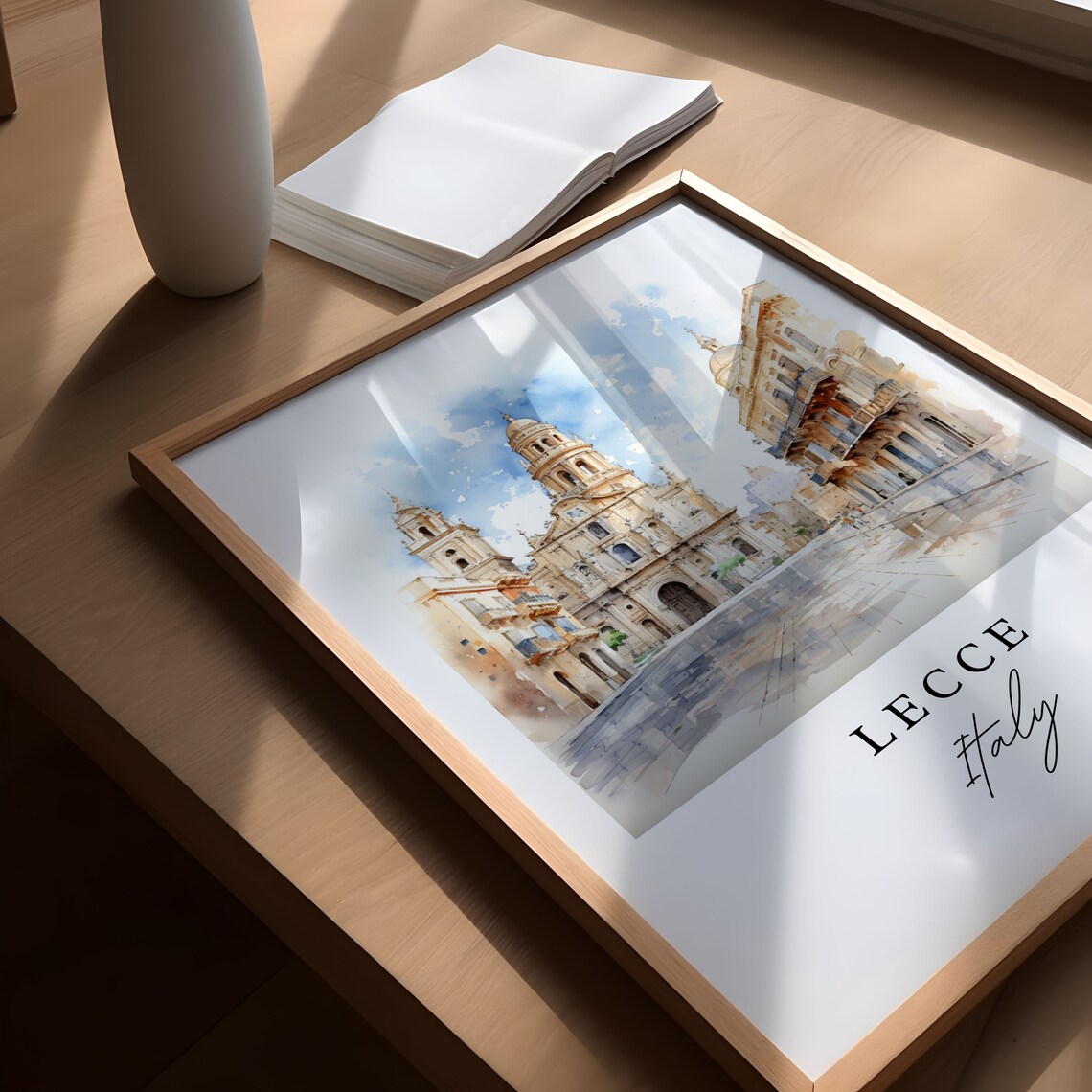 Lecce Italy Watercolor Baroque Cathedral Piazza Old Town Scene Poster - Image 2