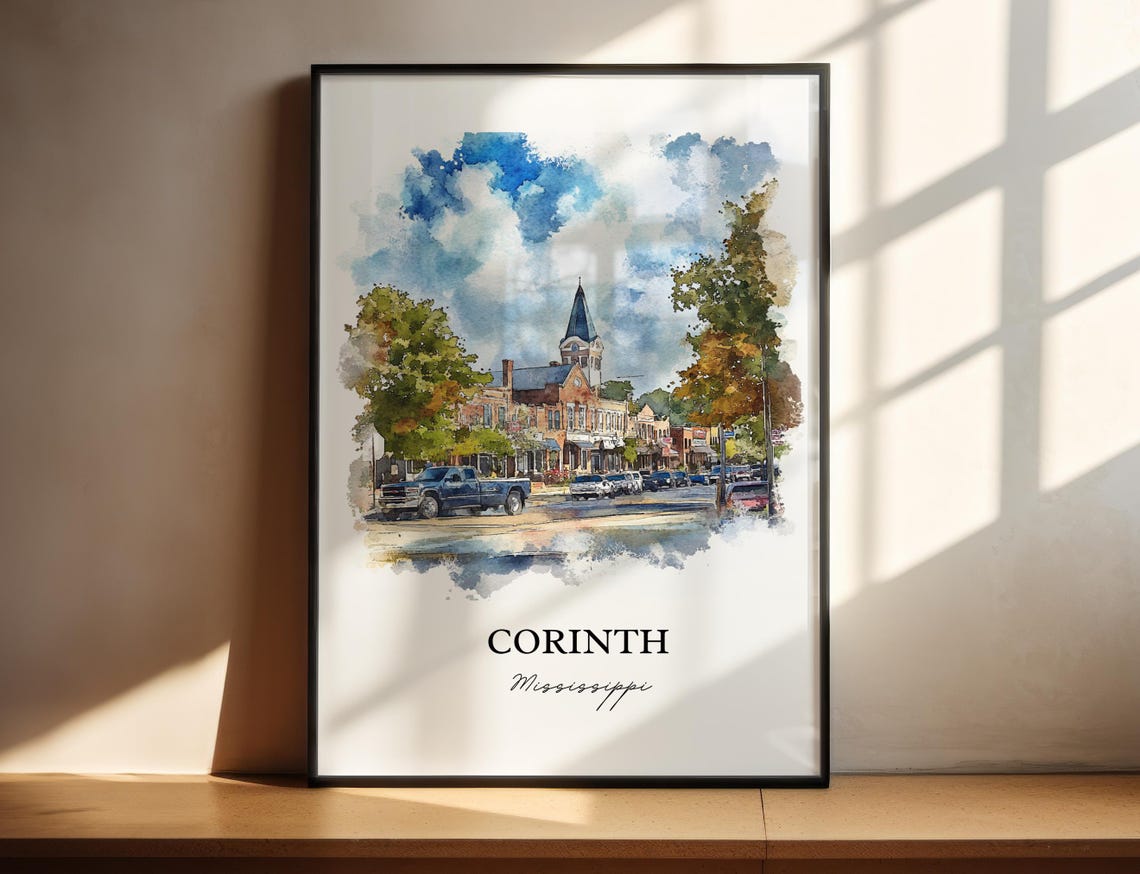Corinth Mississippi Courthouse Square Clocktower Watercolor Poster