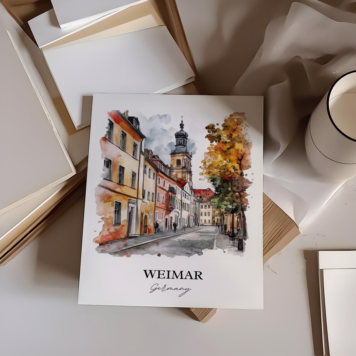 Weimar Germany Watercolor Autumn Old Town Street Travel Poster - Image 2