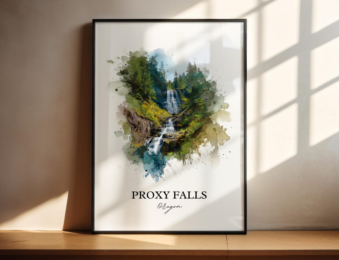 Proxy Falls Oregon Cascading Waterfall Forest Watercolor Travel Poster