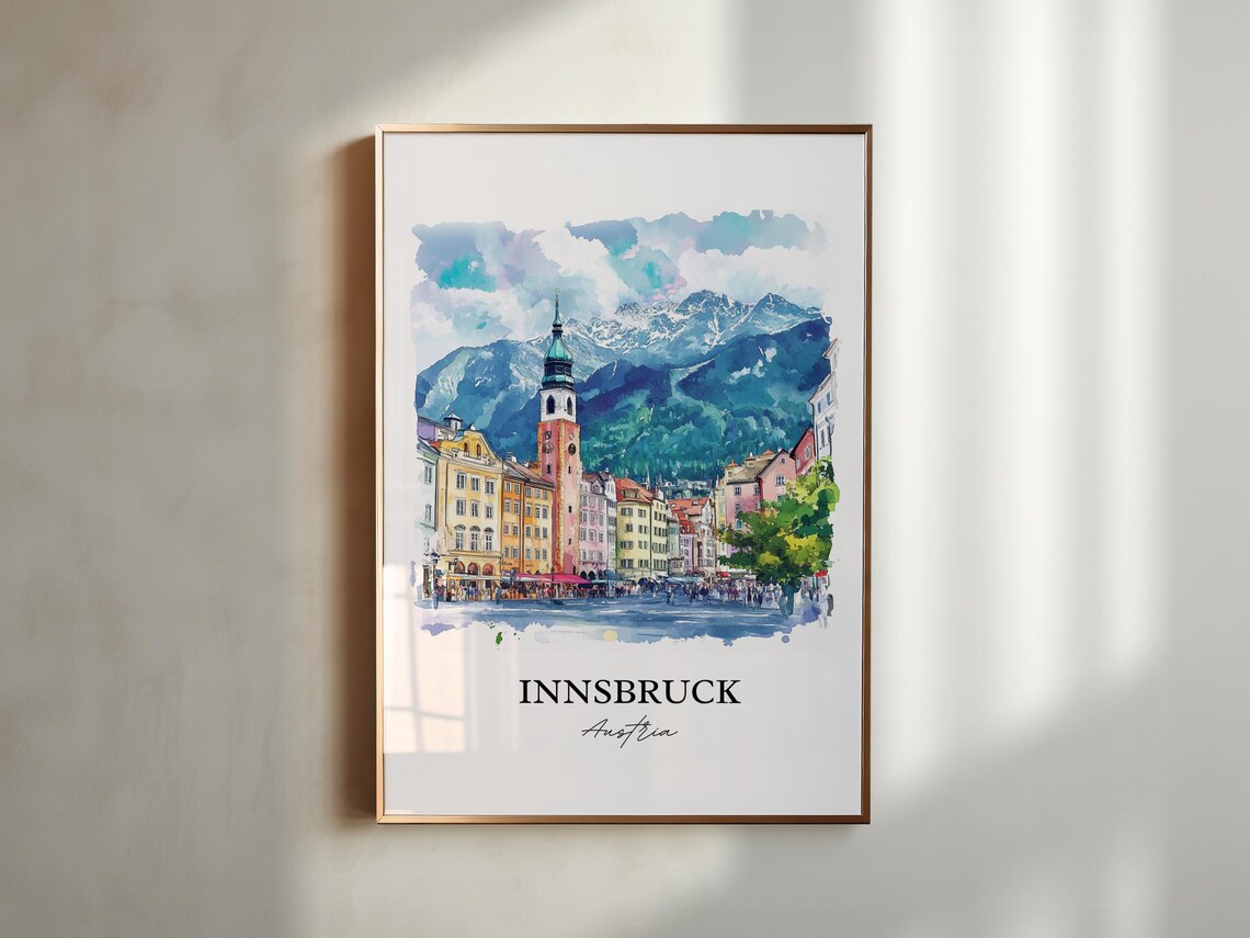 Innsbruck Austria Alpine Old Town Tower Watercolor Travel Poster - Image 2