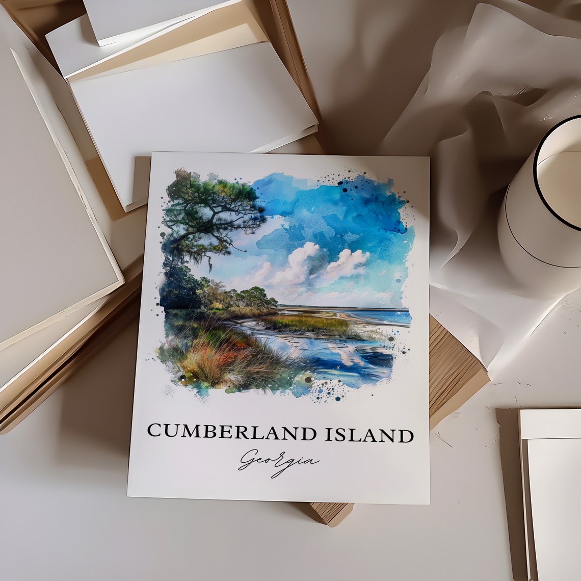 Cumberland Island Georgia Marsh Oak Tree Beach Watercolor Art Poster - Image 6