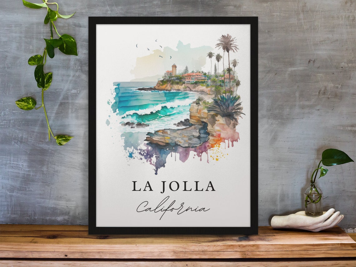 La Jolla California Watercolor Cliffs Palms Ocean Surf Poster