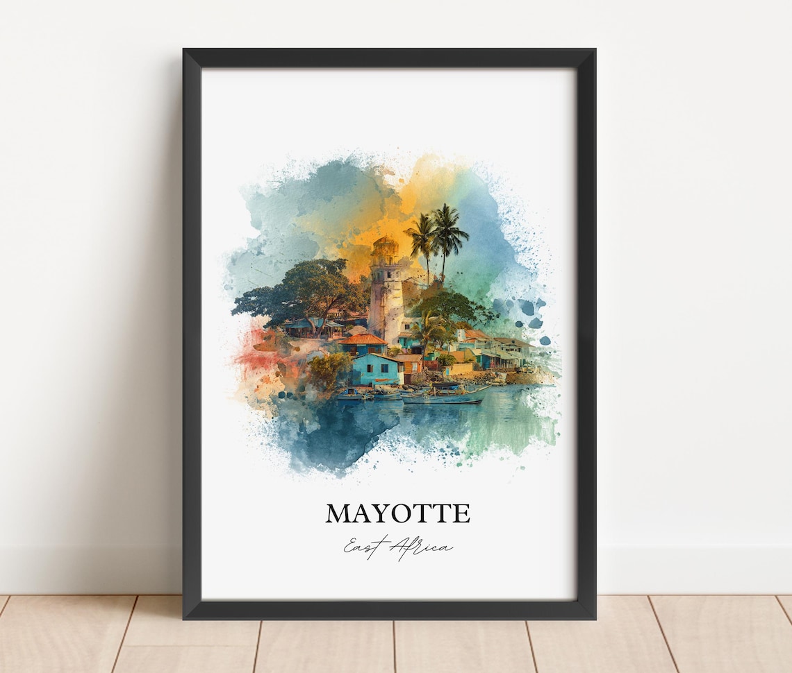 Mayotte East Africa Harbor Village Lighthouse Watercolor Poster - Image 3