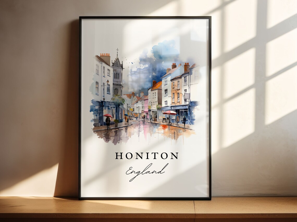 Honiton England Rainy Market Street Watercolor Town Scene Poster - Image 5