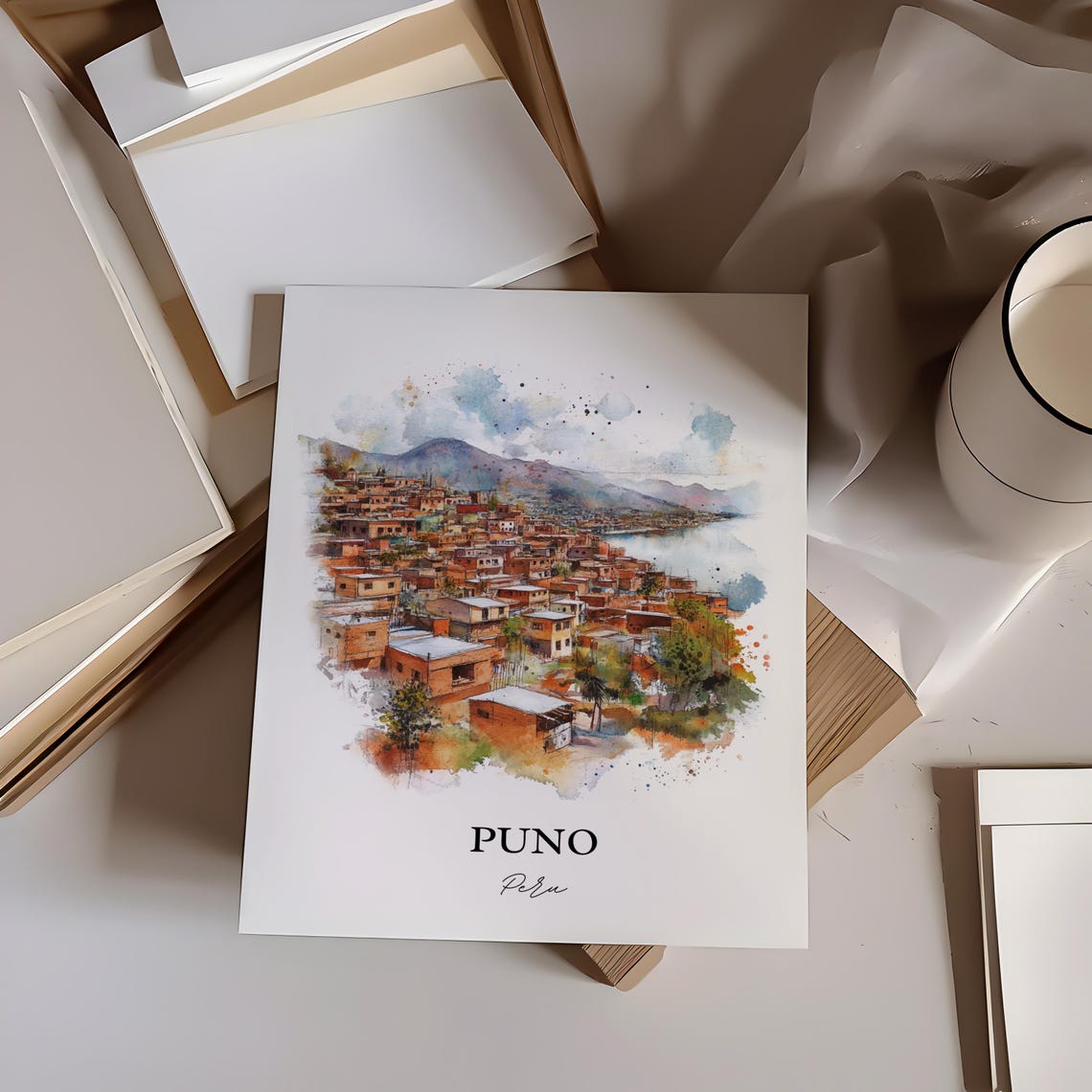 Puno Peru Lakeside Town on Lake Titicaca Shores Watercolor Poster - Image 4