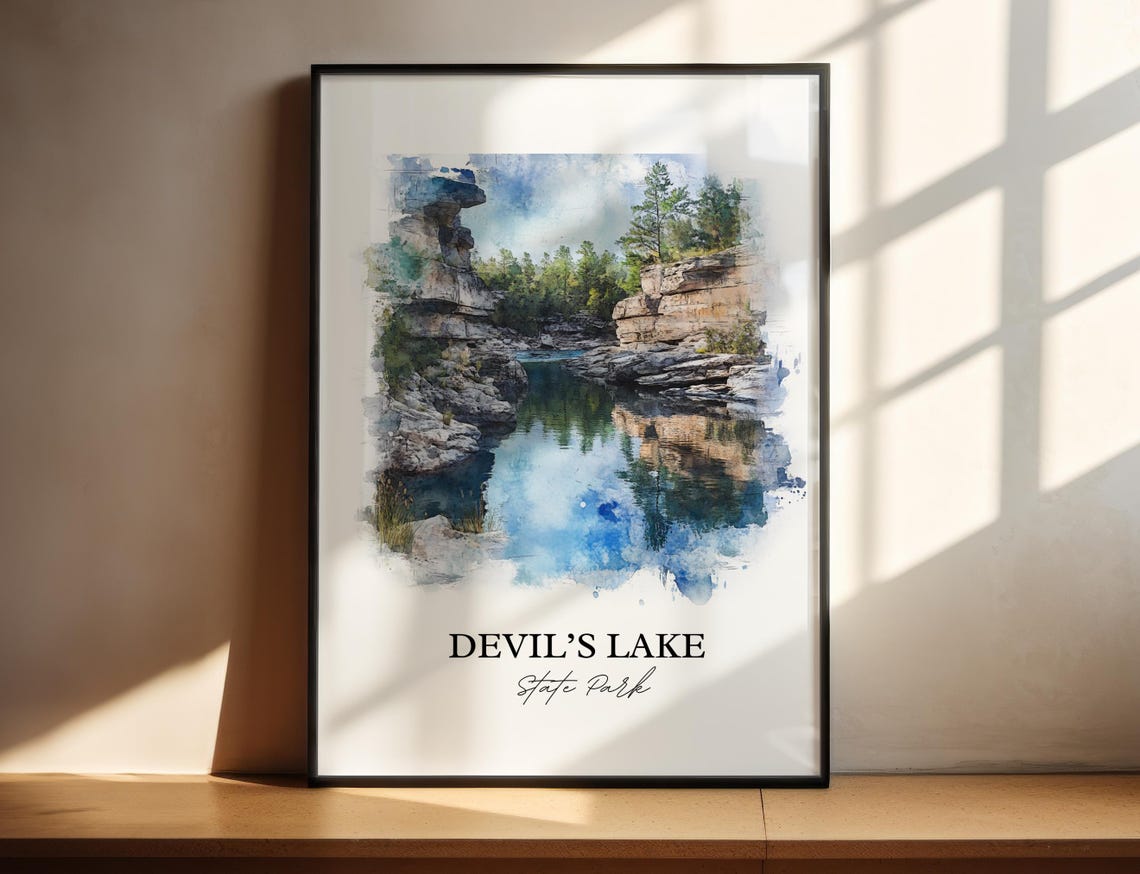 Devil's Lake State Park Watercolor Rocky Cove Cliffs Pine Trees Poster