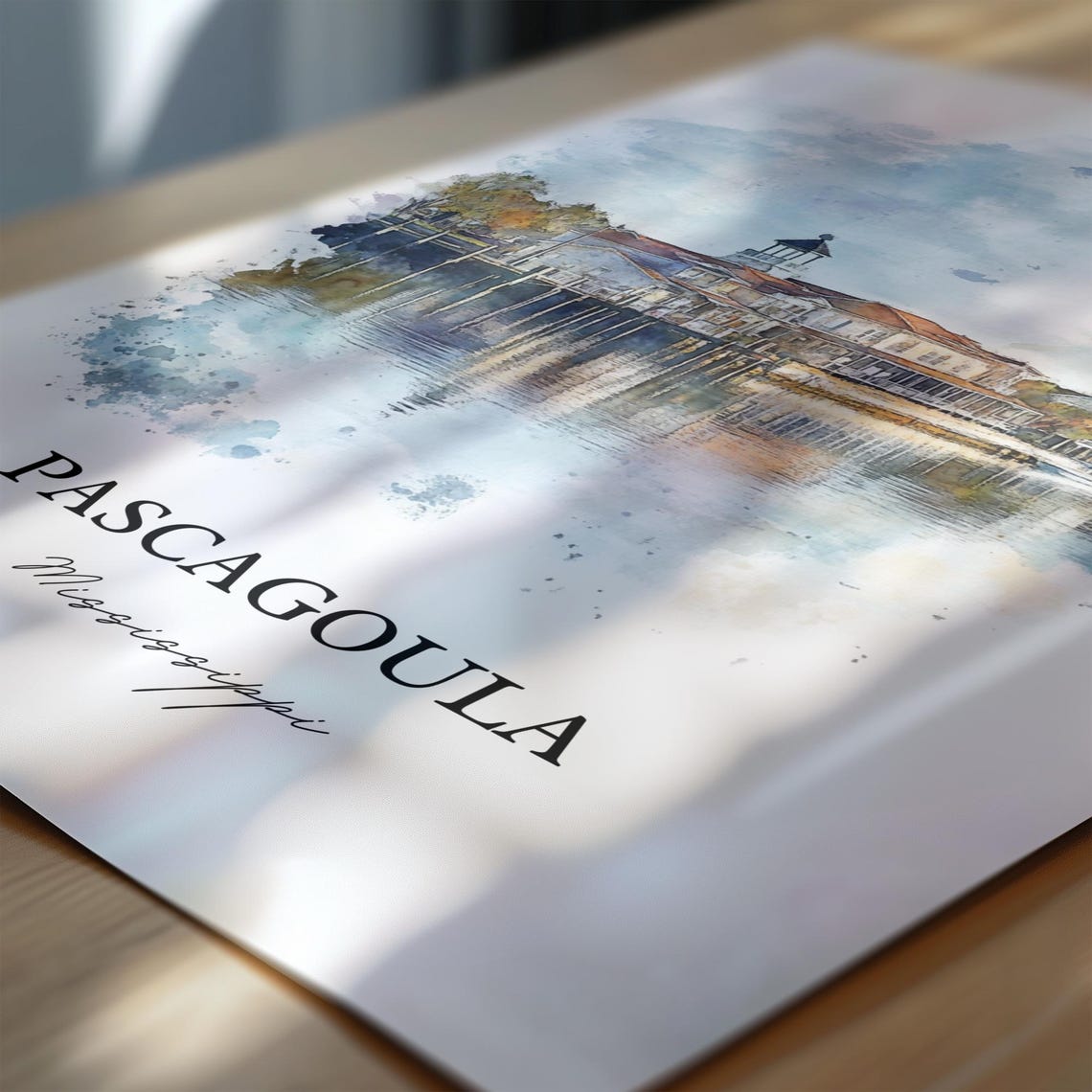 Pascagoula Mississippi Waterfront Buildings Watercolor Art Poster - Image 6