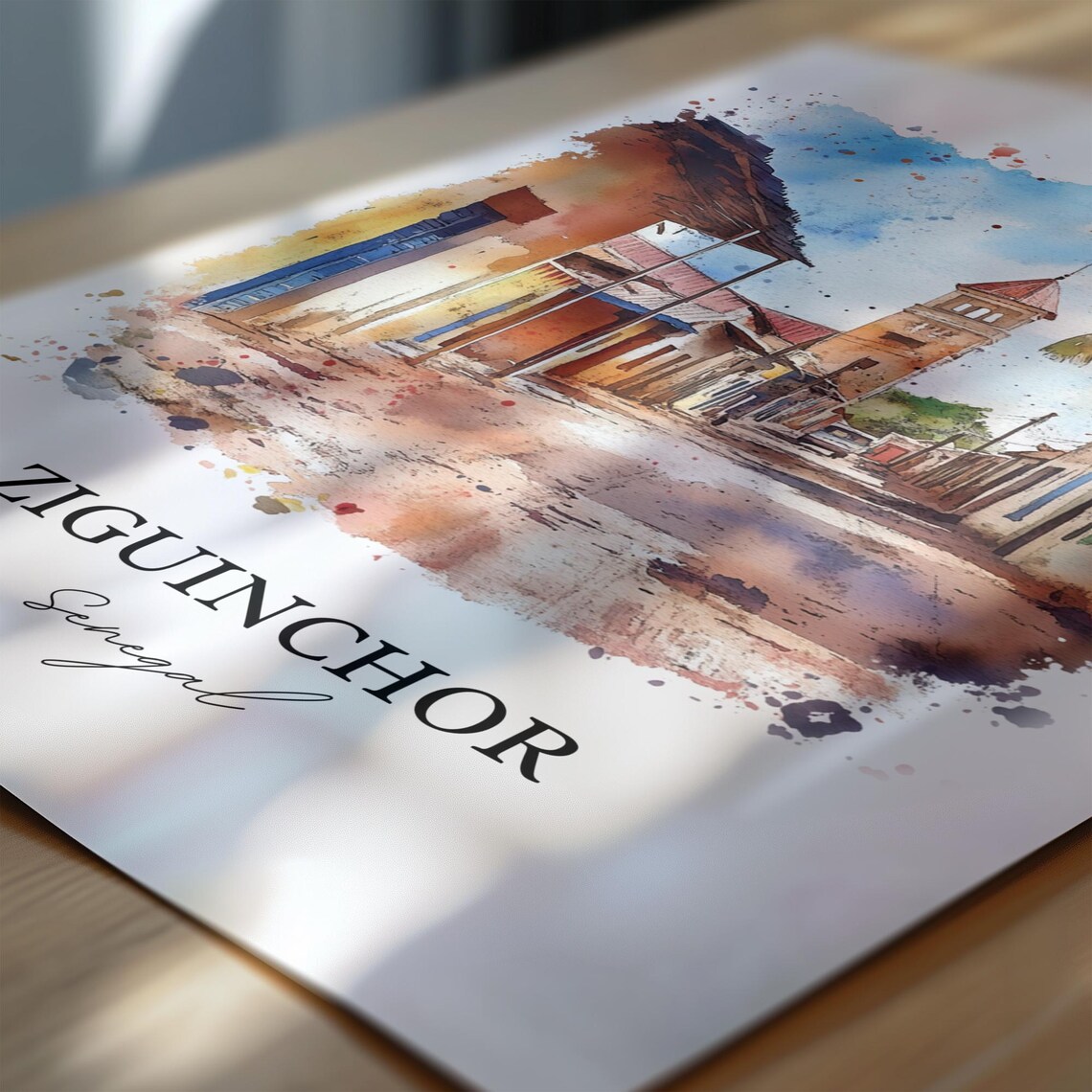 Ziguinchor Senegal Colonial Street Watercolor Travel Art Poster - Image 7