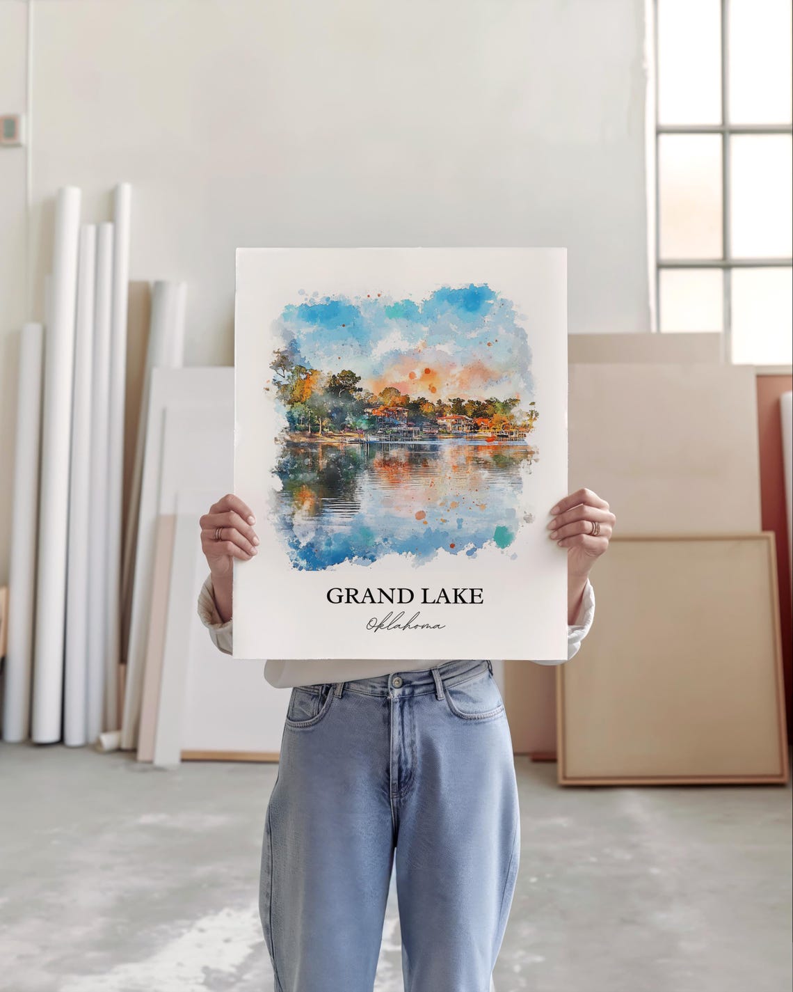 Grand Lake Oklahoma Sunset Lakeshore Cabins Watercolor Poster - Image 4