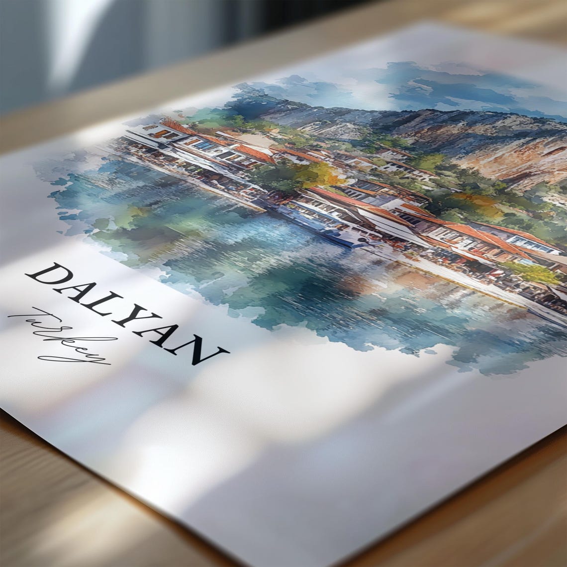 Dalyan Turkey Watercolor Harbor Town Rock Mountain Lake Poster - Image 6