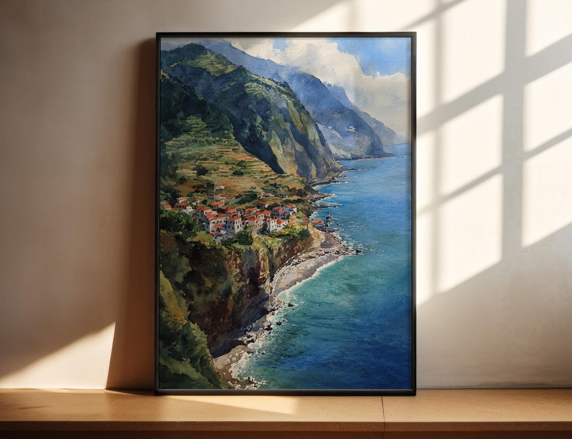 Dramatic Ocean Cliffs Above Coastal Village Watercolor Poster