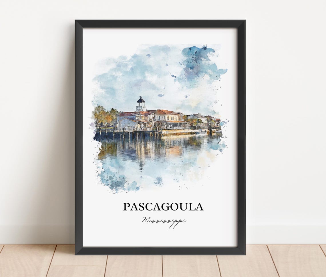 Pascagoula Mississippi Waterfront Buildings Watercolor Art Poster