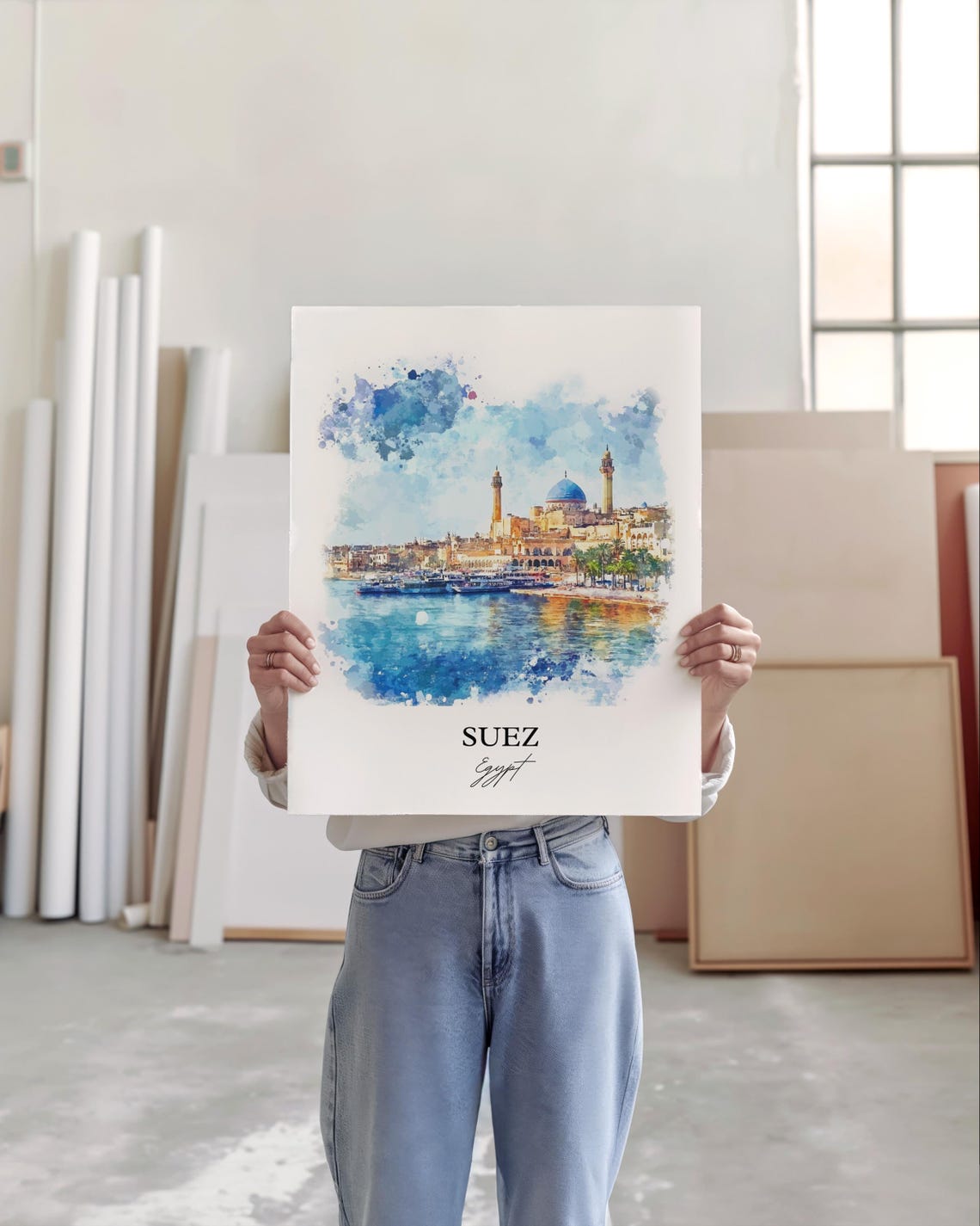 Suez Egypt Harbor Watercolor Mosque Skyline Travel Art Poster - Image 4