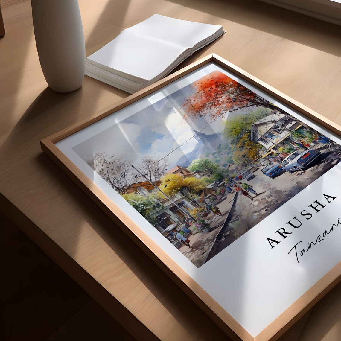 Arusha Tanzania Busy Street Scene Mountain Watercolor Poster - Image 5