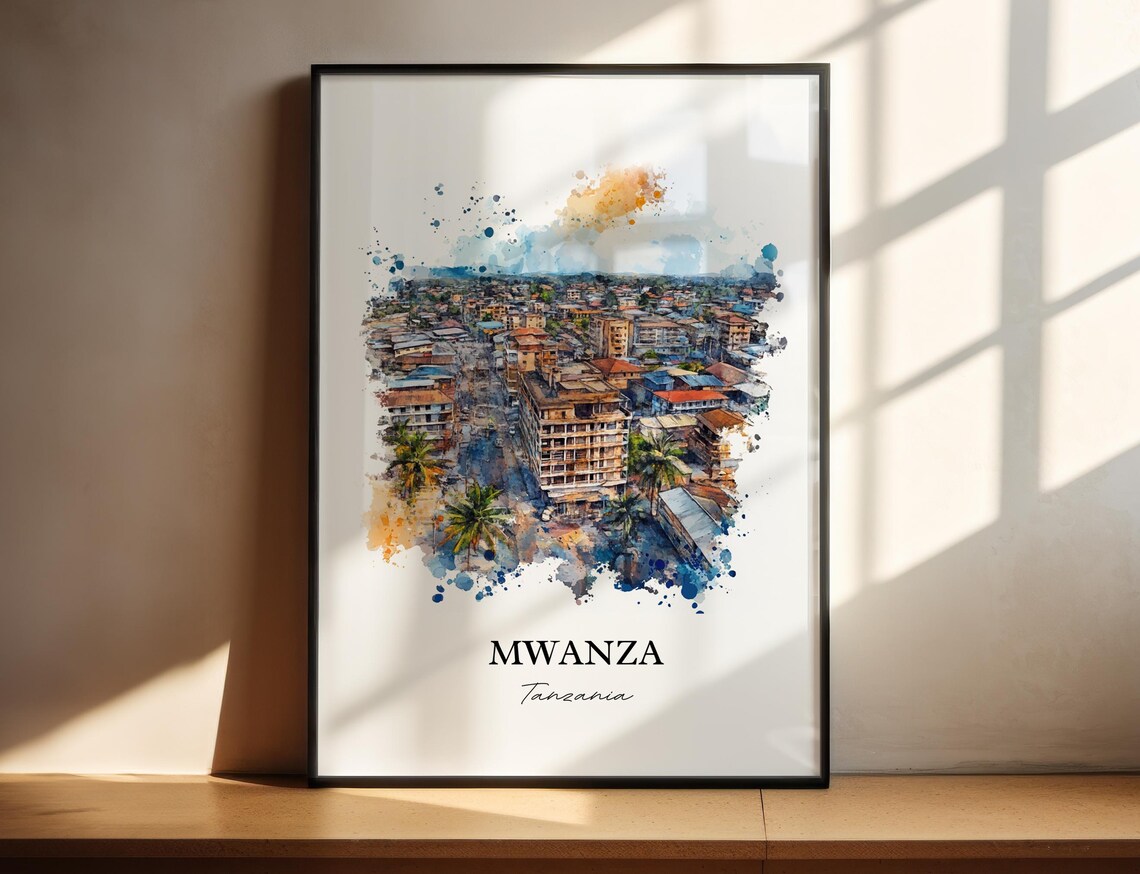 Mwanza Tanzania Lakeside City Aerial Watercolor Travel Art Poster