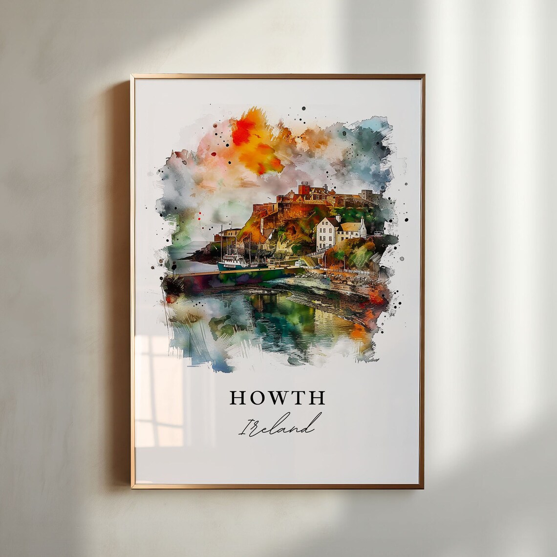 Howth Ireland Castle and Harbor Boats Watercolor Cityscape Poster