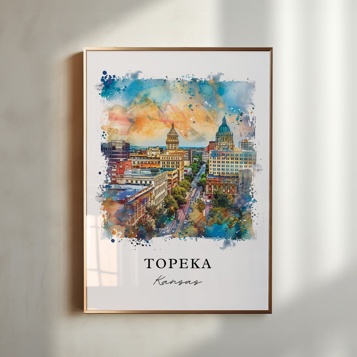 Topeka Kansas Downtown Watercolor Capitol Dome Skyline Travel Poster