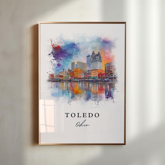 Toledo Ohio Riverfront Skyline Reflection Watercolor City Art Poster