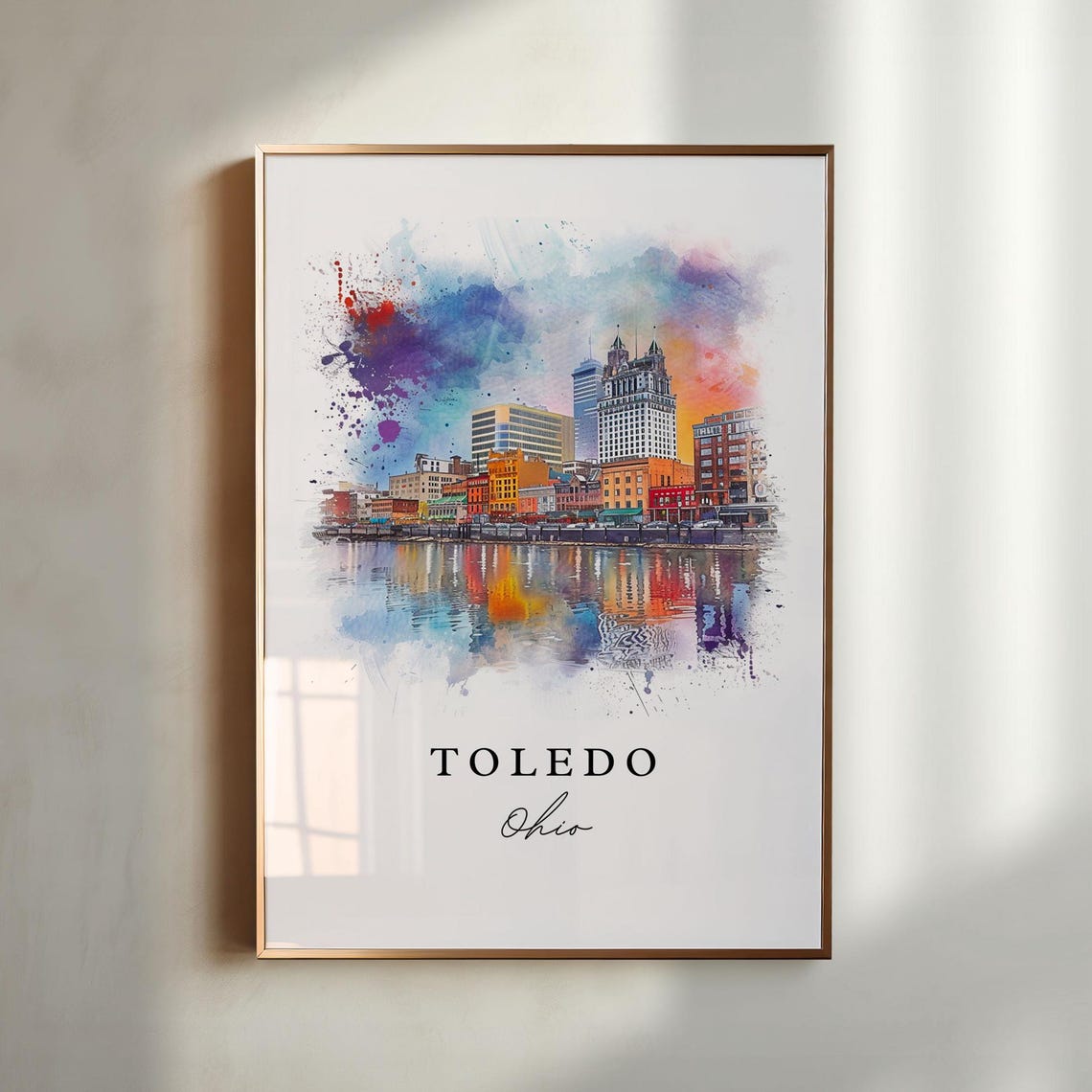 Toledo Ohio Riverfront Skyline Reflection Watercolor City Art Poster