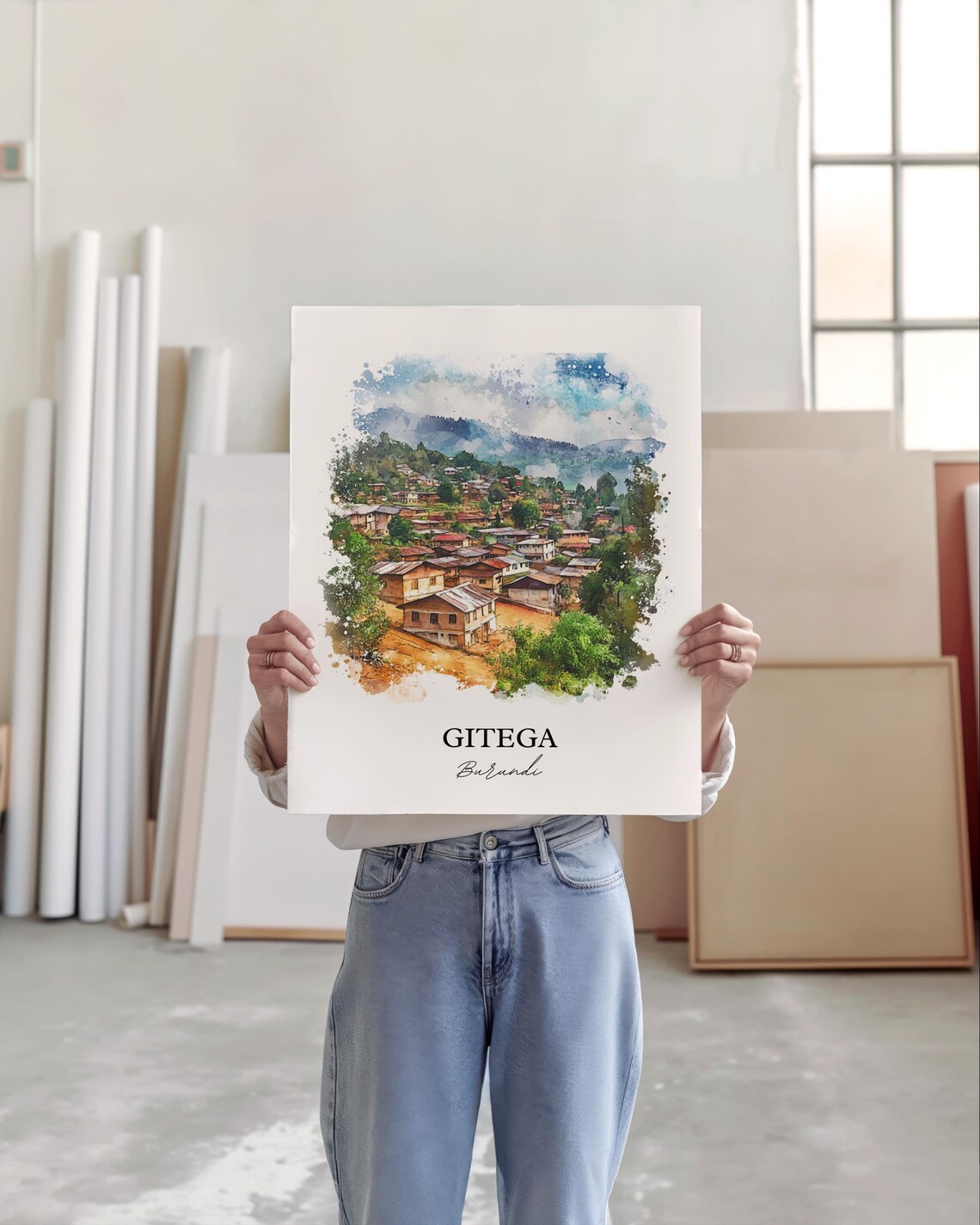 Gitega Burundi African Watercolor Hillside Village Art Poster - Image 5
