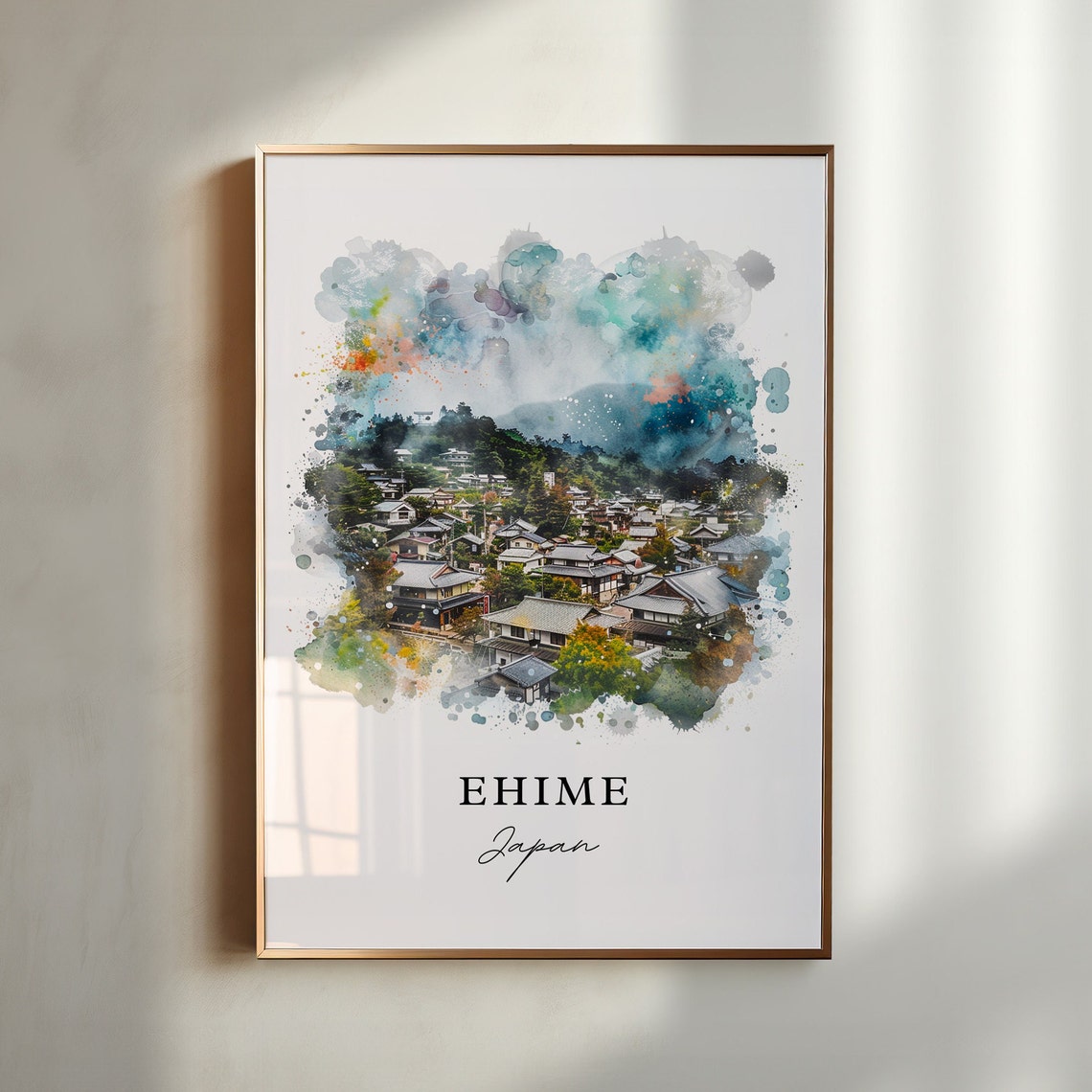 Ehime Japan Traditional Village Hillside Watercolor Travel Poster