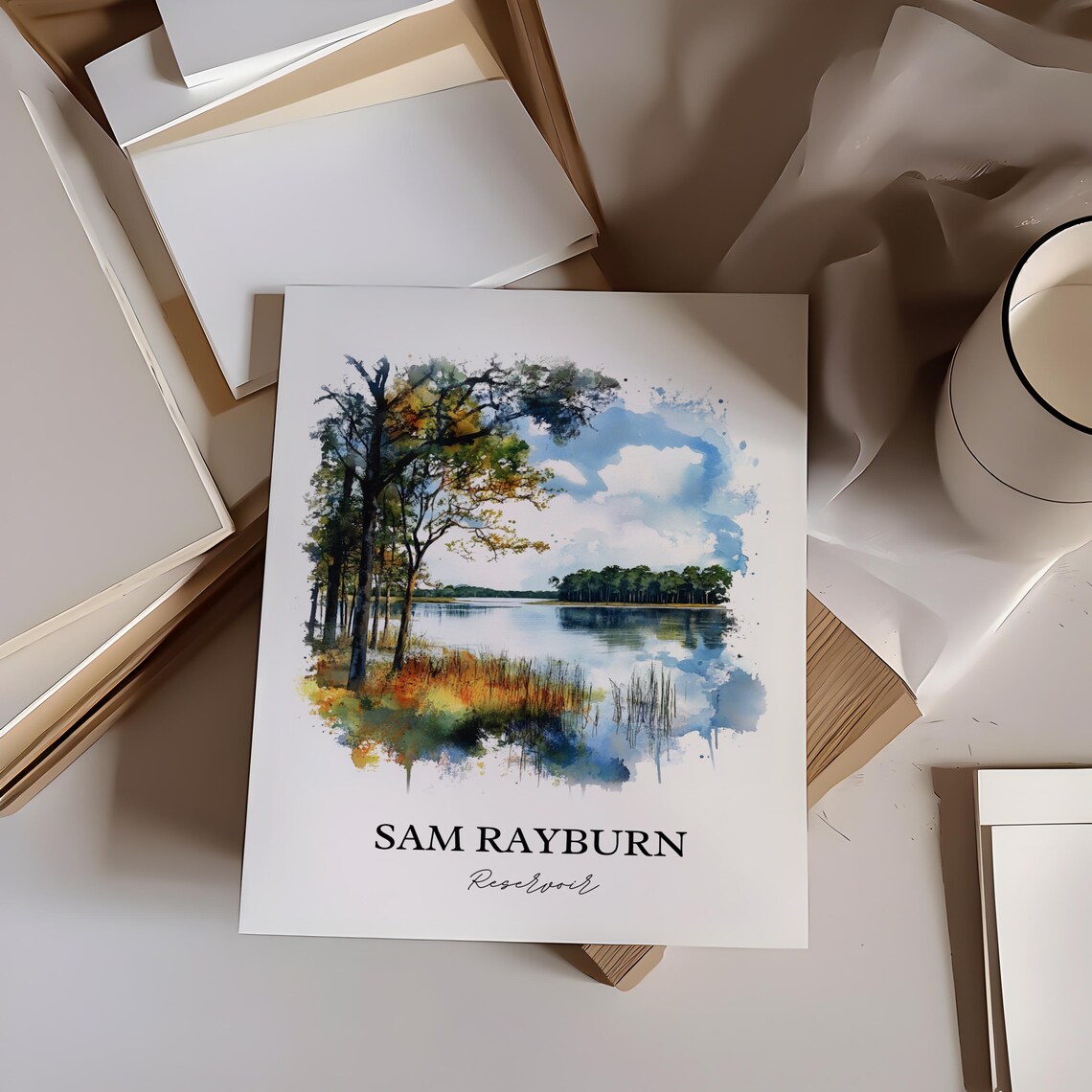 Sam Rayburn Reservoir Wooded Texas Shore Watercolor Lake Poster - Image 2