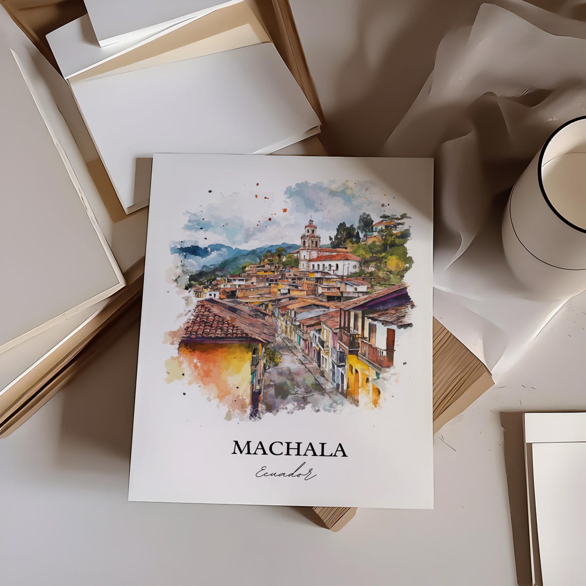 Machala Ecuador Watercolor Hillside Street Church Mountain Poster - Image 3