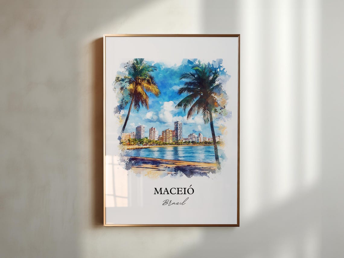 Maceio Brazil Beachfront Palm Trees Watercolor Travel Wall Art - Image 5