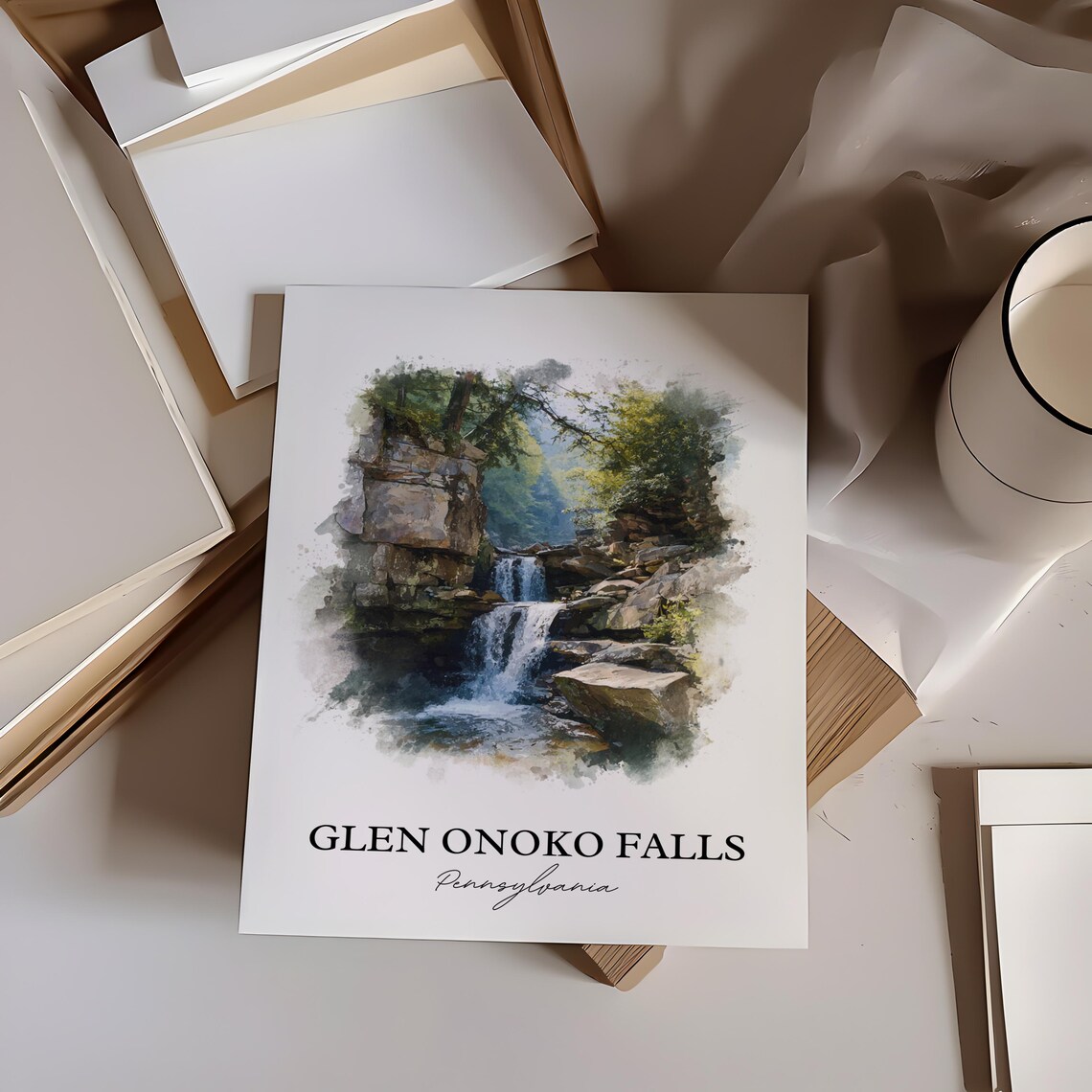 Glen Onoko Falls Pennsylvania Lehigh Gorge Cascade Watercolor Poster - Image 4